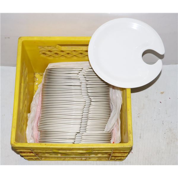 MILK CRATE FULL OF 9" ROUND APPETIZER PLATES