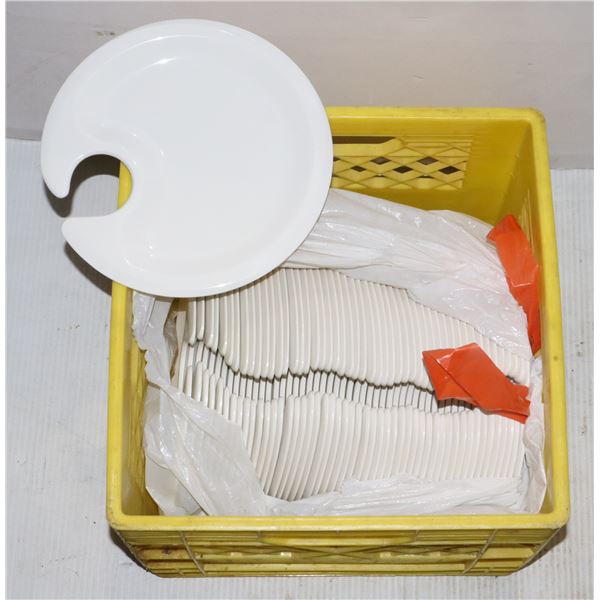 MILK CRATE FULL OF 9" ROUND APPETIZER PLATES