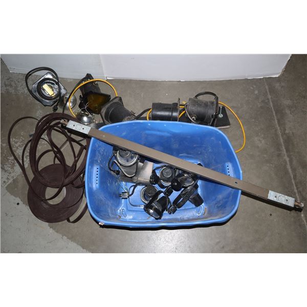 BLUE TOTE OF ASSORTED LIGHTING AND ROLL