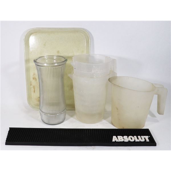 BOX OF WATER PITCHERS, SERVING TRAY, AND