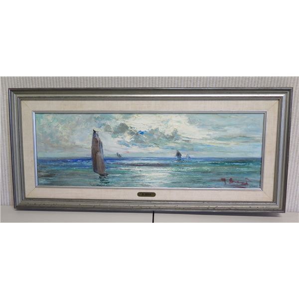 Evening Seascape Original Oil Painting, Signed A. Busa, Framed 28" x 13" (frame size)