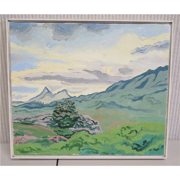 Original Oil Painting, Olomana & Pink Trees, Signed Noreen Naughton 1991, Framed 14.5" x 13" (total)