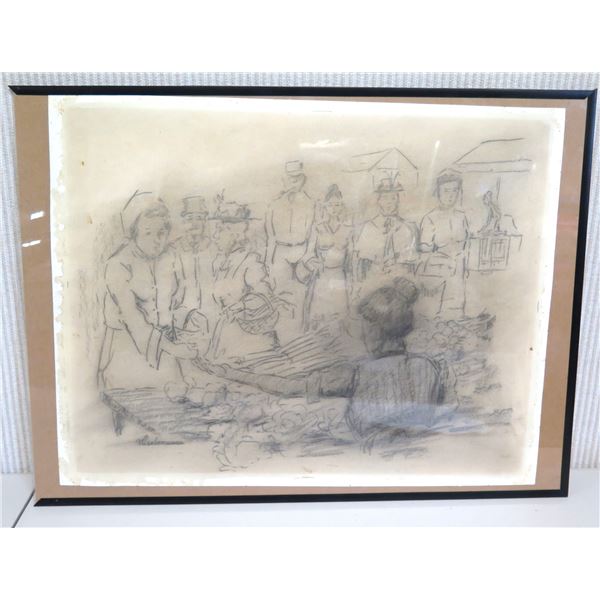 Market Scene Pencil Drawing, Signed Max Liebermann, Framed 24"x18" (total)