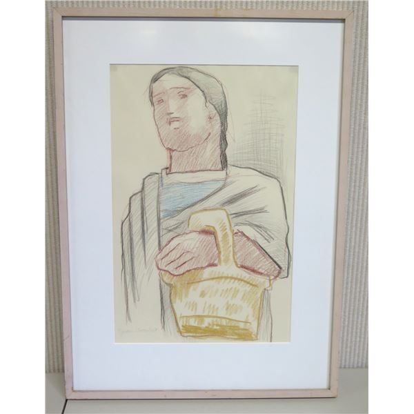 Jean Charlot, Female Figure w/ Basket, Signed by Artist, Framed 18.5" X 25.5" (frame size)