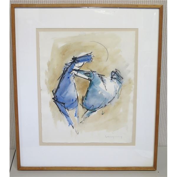 John Young Original Watercolor, Abstract Horses, Signed by Artist, Framed 24.5" x 28.5"