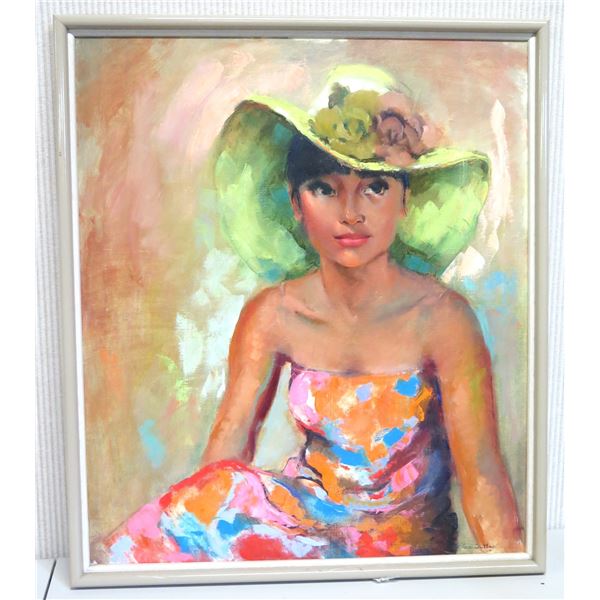 Original Oil Painting on Canvas, Woman w/ Hat, Signed Cutler, Framed 25.5" x 30" (frame size)