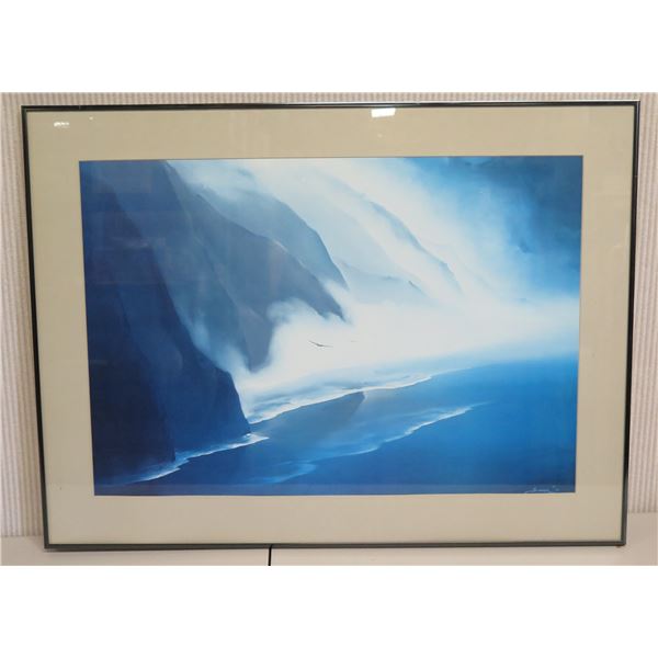 Framed Cliffs & Seascape Print, Signed Sumner '83, 32" x 24" (frame size)