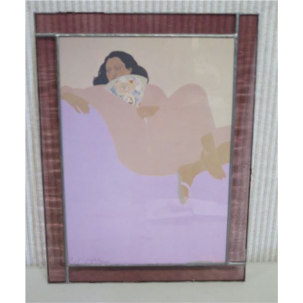 Glass-Framed Print by Pegge Hopper, Original Signature, Woman w/ Fan 10" x 13.5"