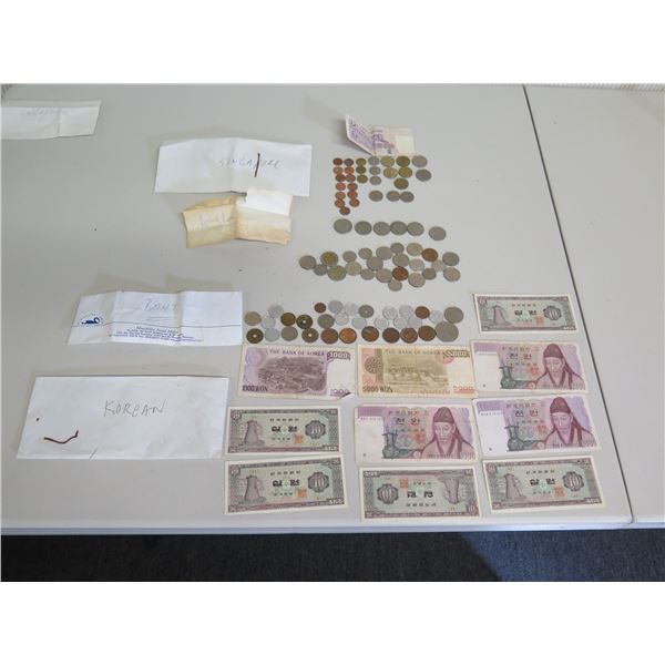 Multiple Currency Bills & Coins: Korean, Singapore, Hong Kong, etc Misc Denominations