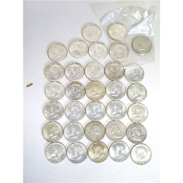 Qty 32 Misc Coins: 1964 Kennedy, 1954 Ben Franklin Half Dollars, etc