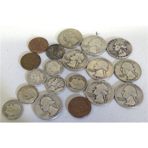 Qty 19 Misc Coins: 1948 George Washington, 1943 Mercury & 1953 Roosevelt Dimes, etc