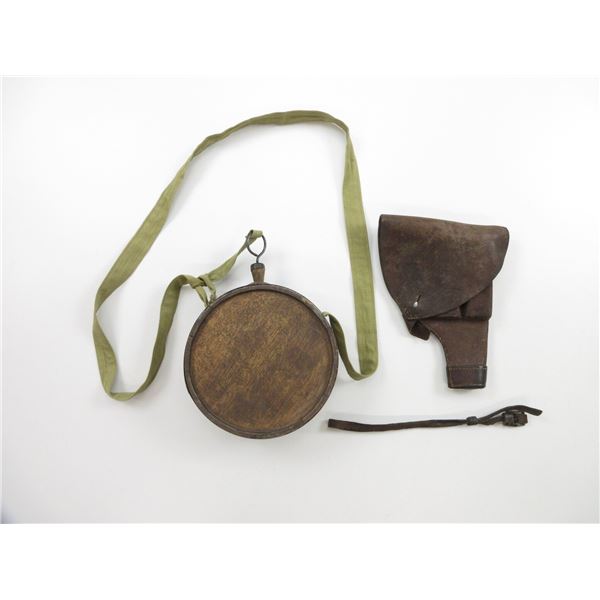 WOOD CANTEEN, HOLSTER, ETC. LOT