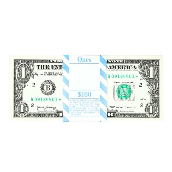 Pack of (100) Consecutive 2017A $1 Federal Reserve STAR Notes New York