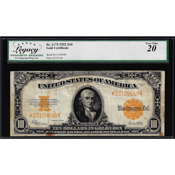 1922 $10 Gold Certificate Note Fr.1173 Legacy Very Fine 20