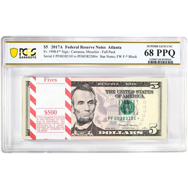 Pack 2017A $5 Federal Reserve STAR Notes Atlanta Fr.1998-F* PCGS Superb Gem UNC 68PPQ
