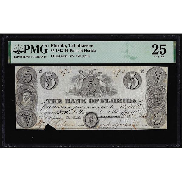 1843-44 $5 The Bank of Florida Tallahassee, FL Obsolete Note PMG Very Fine 25