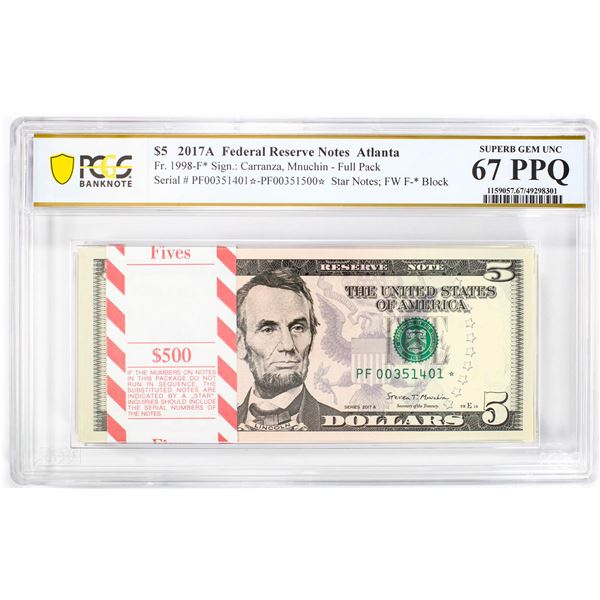 Pack 2017A $5 Federal Reserve STAR Notes Atlanta Fr.1998-F* PCGS Superb Gem UNC 67PPQ