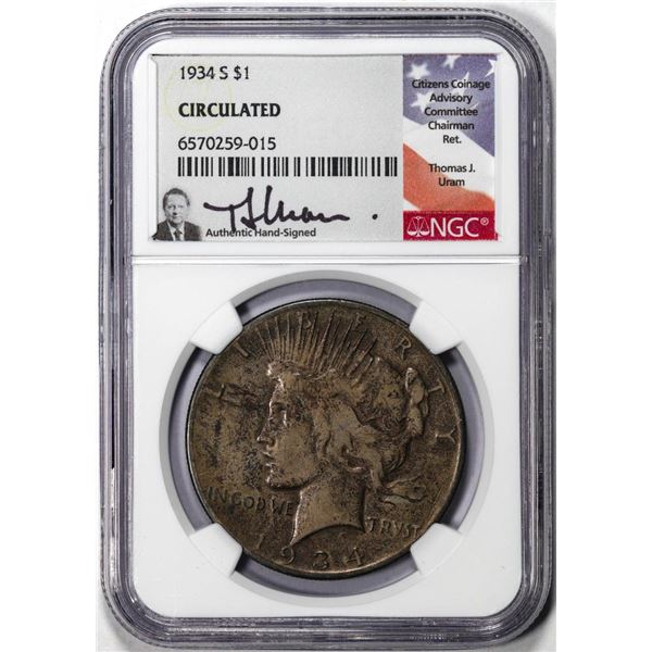1934-S $1 Peace Silver Dollar Coin NGC Circulated Thomas J. Uram Signature