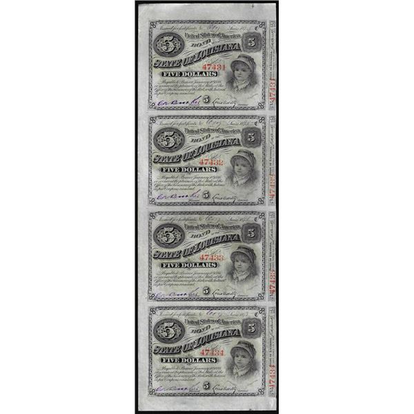 Uncut Sheet of (4) State of Louisiana Baby Bond Obsolete Notes
