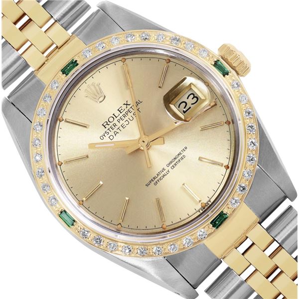 Rolex Mens Two Tone Champagne Index Emerald and Diamond Datejust Wristwatch