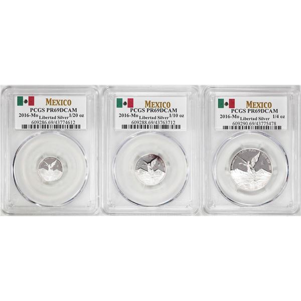 Lot of 2016-Mo Mexico Proof 1/20, 1/10 and 1/4 oz Silver Libertad Coins PCGS PR69DCAM