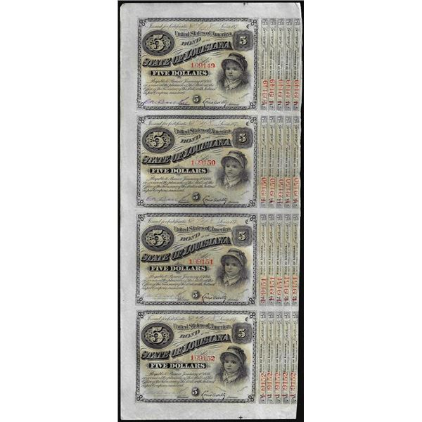 Uncut Sheet of (4) State of Louisiana Baby Bond Obsolete Notes