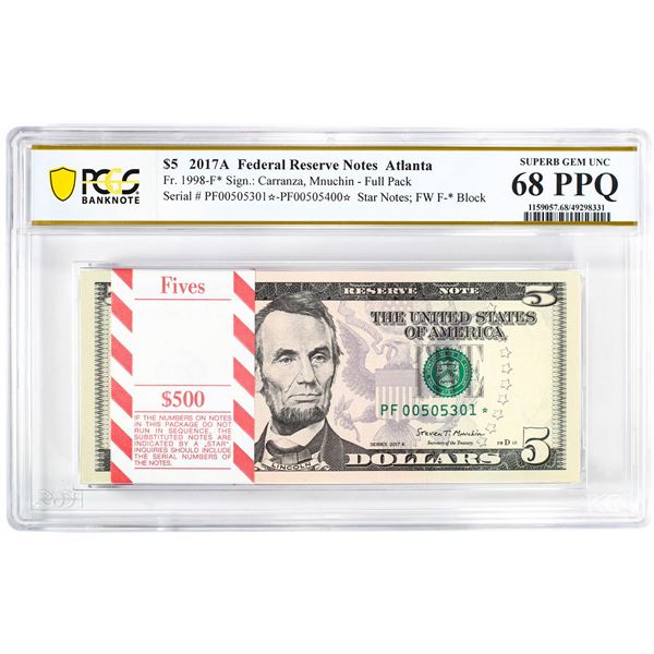 Pack 2017A $5 Federal Reserve STAR Notes Atlanta Fr.1998-F* PCGS Superb Gem UNC 68PPQ