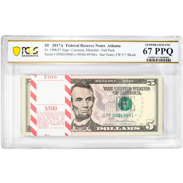 Pack 2017A $5 Federal Reserve STAR Notes Atlanta Fr.1998-F* PCGS Superb Gem UNC 67PPQ