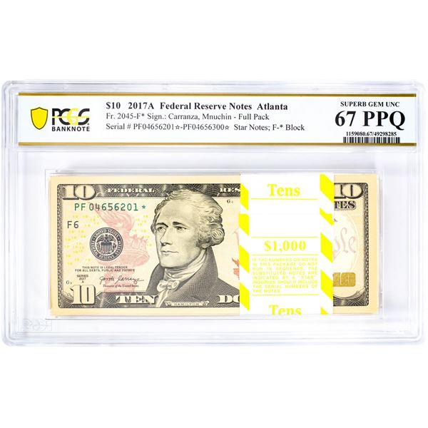 Pack of 2017A $10 Federal Reserve STAR Notes ATL Fr.2045-F* PCGS Superb Gem UNC 67PPQ
