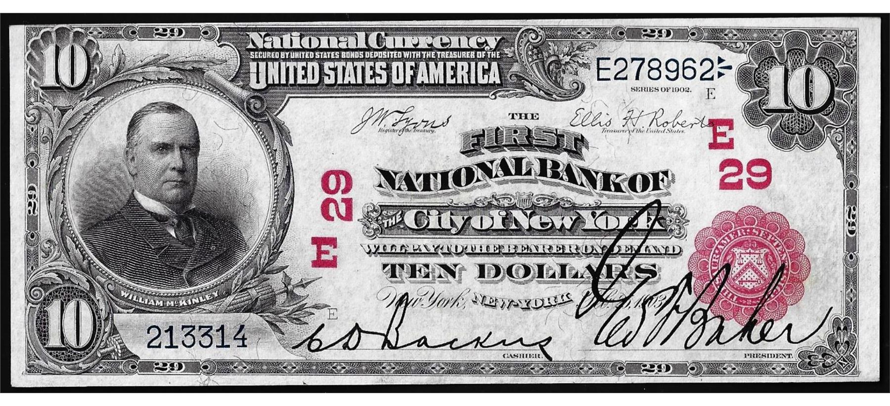 1902 $10 First National Bank of New York, NY CH# 29 National Currency ...
