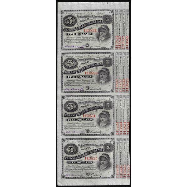 Uncut Sheet of (4) State of Louisiana Baby Bond Obsolete Notes