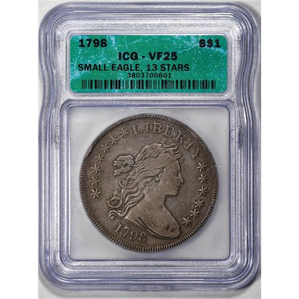 1798 Small Eagle 13 Stars $1 Draped Bust Silver Dollar Coin ICG VF25