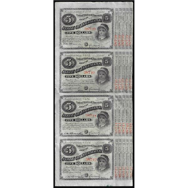 Uncut Sheet of (4) State of Louisiana Baby Bond Obsolete Notes