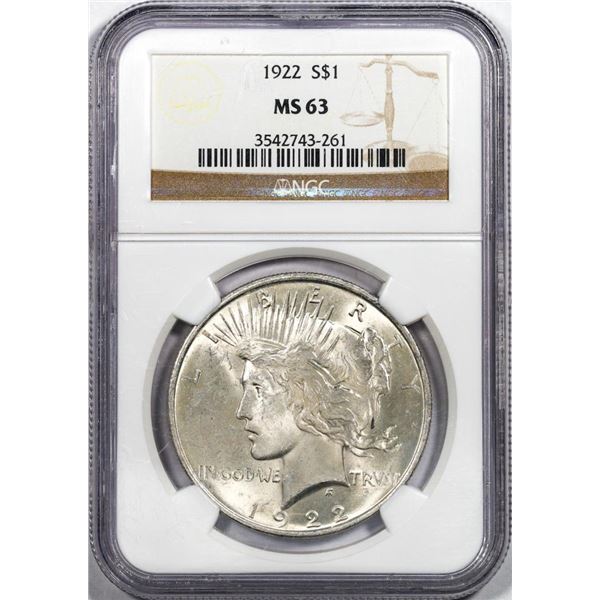 1922 $1 Peace Silver Dollar Coin NGC MS63