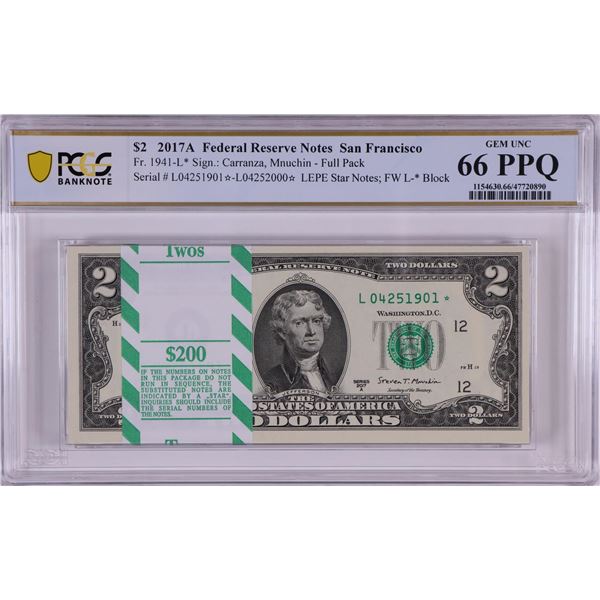 Pack 2017A $2 Federal Reserve STAR Notes San Francisco Fr.1941-L* PCGS Gem UNC 66PPQ
