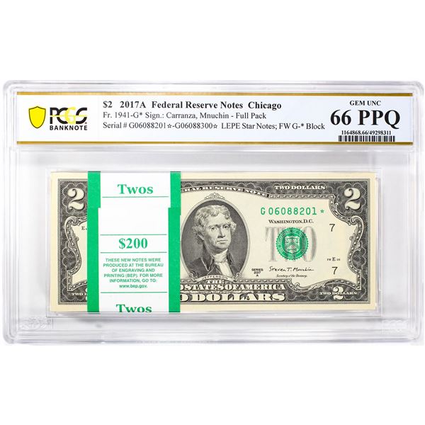 Pack of 2017A $2 Federal Reserve STAR Notes Chicago Fr.1941-G* PCGS Gem UNC 66PPQ