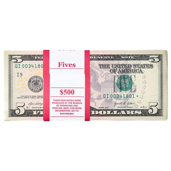 Pack of (100) Consecutive 2021 $5 Federal Reserve Star Notes
