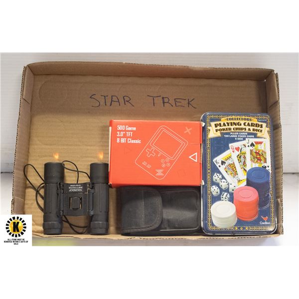 METAL CASED CARD GAME, BINOCULARS WITH SOFT CASE +