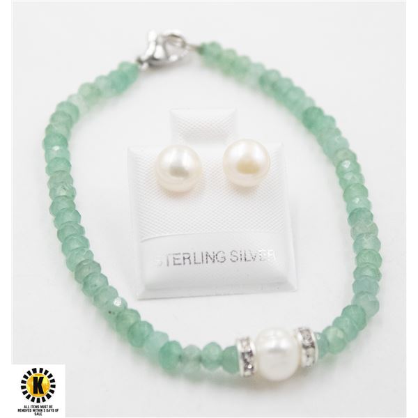 #83-NATURAL  AVENTURINE & PEARL BRACELET & EARRING