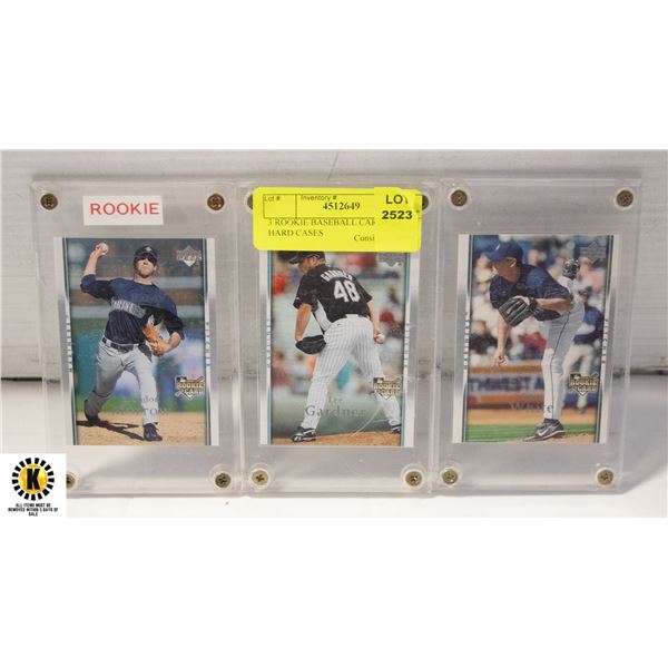 3 ROOKIE BASEBALL CARDS IN HARD CASES