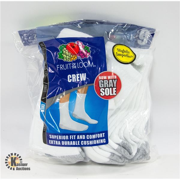 WHITE CREW SOCKS 6-12 SIZE 6-PACK FRUIT OF