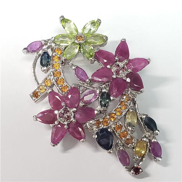 BZ1957-82K SILVER NATURAL MULTI SAPPHIRE BROOCH