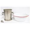 Image 1 : ANTIQUE ICE BUCKET AND 14" ENAMELWARE BOWL