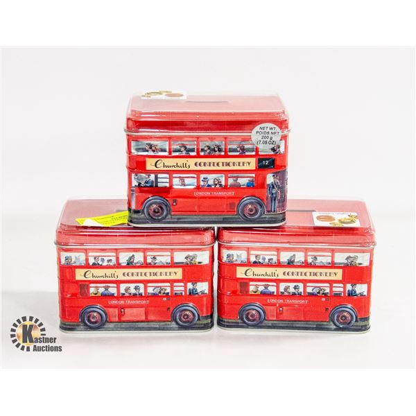 3 LONDON BUS TIN COIN BANKS FILLED