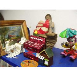Child's Accordion and a China Santa Claus with Sleigh and Clown, cat and picture and Basket with ant