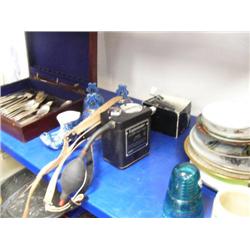 Large lot consisting of:  Silverware box with Silverware Community Silver Blue Pottery Shoe and 3 bl