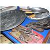 Image 3 : Shelf containing Large Pewter Platter, very old…2 old carved wood gold scale wood boxes..coca cola i