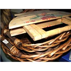 2 wicker baskets with handles and a small wood folding table (2)