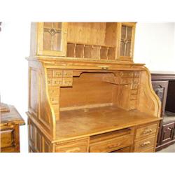 Phenomenal Oak Roll Top Desk, setup for computer with place for keyboard and storage on top (169)