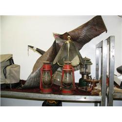 Lot of: 3 lanterns, table lamp, wall lamp, 2 paper birds, pipe set and stand (169)